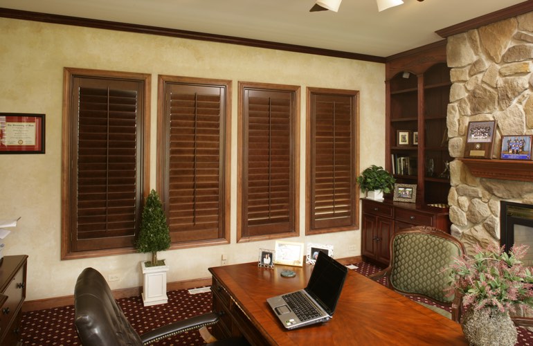 Wooden plantation shutters in a Orlando home office